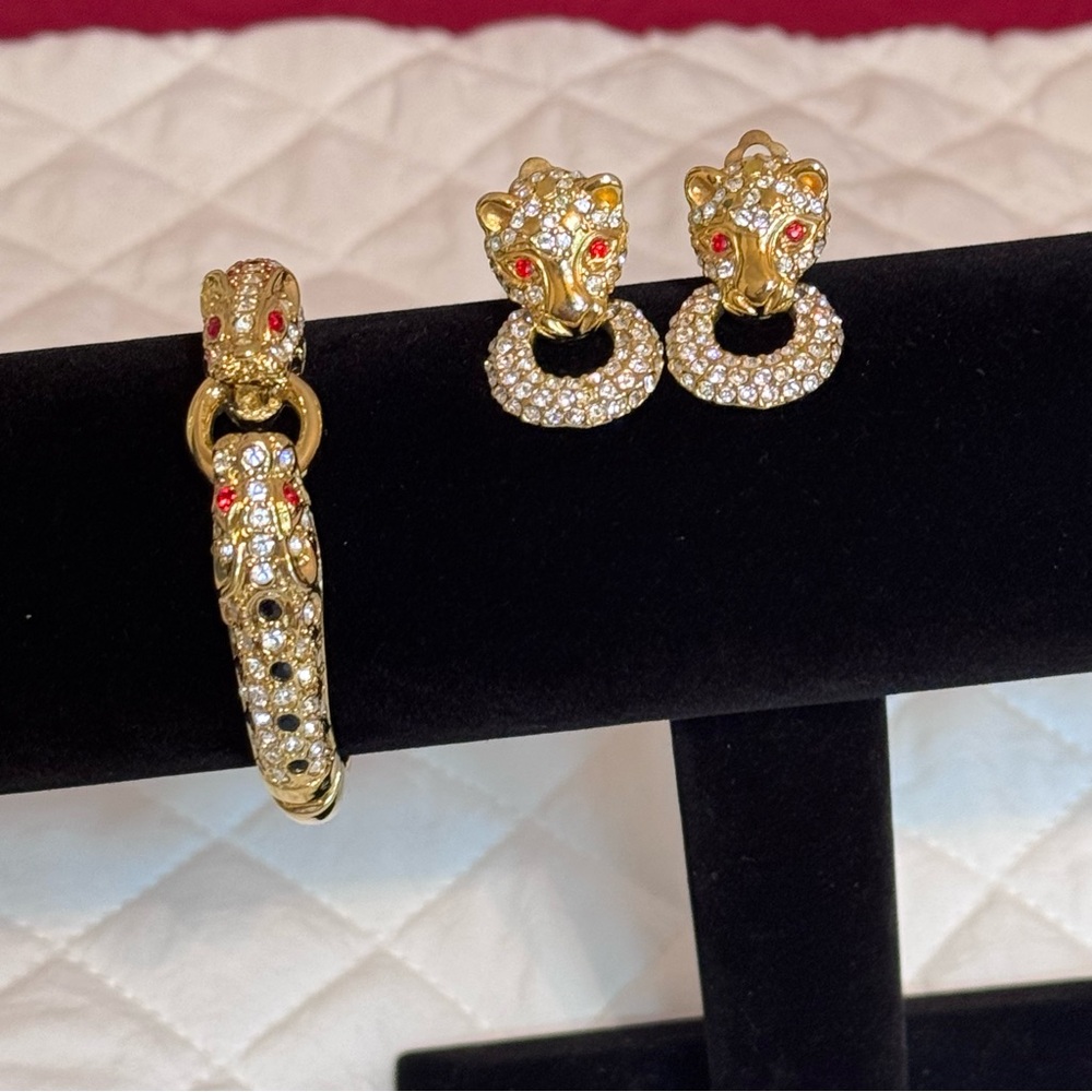 Gold and Red Panther Bracelet and Earrings Set